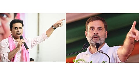 BRS working president K T Rama Rao and Congress leader Rahul Gandhi. PTI image