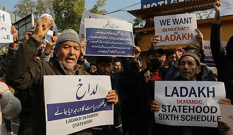 Representational image: Protesters hold placards demanding statehood and Sixth Schedule safeguards for Ladakh.