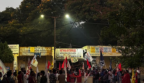 Members of the Left-Ambedkarite-Tribal alliance gather to celebrate their sweep in the University of Hyderabad students union elections. Image source: Pioneer digital