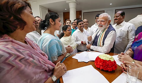Prime Minister Narendra Modi meets NDA MPs, including rebel TMC MPs who joined NCPI, at his residence, in New Delhi, Friday, Aug. 7, 2026. (PTI Photo)