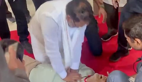 Telangana Minister Vakiti Srihari performs CPR after Raju collapsed at the Assembly premises. Image source: X/PTI