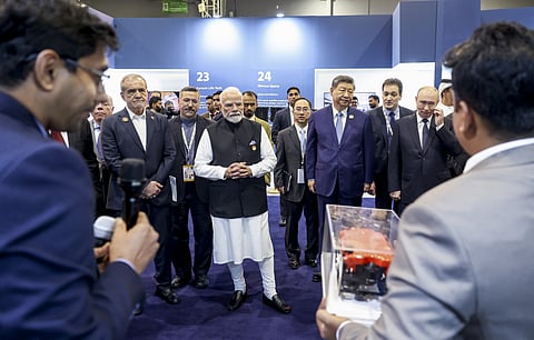 Prime Minister Narendra Modi with Chinese President Xi Jinping, Russian President Vladimir Putin and Iranian President Masoud Pezeshkian at the BRICS Summit in New Delhi. PMO via PTI Photo.