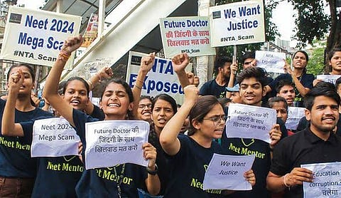 File photo: students during a protest over the NEET paper leak, NEW DELHI. (PTI Photo)
