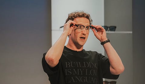 Meta CEO Mark Zuckerberg showcases the company’s latest smart glasses. (Photograph: Gabriela Bhaskar/The New York Times)