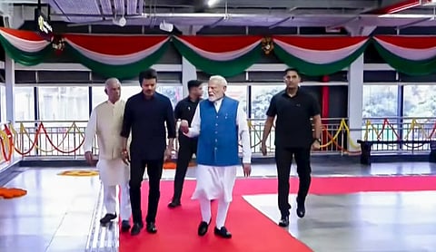 Prime Minister Narendra Modi with MoS L Murugan and Tamil Nadu Chief Minister C Joseph Vijay, arrives to take a ride in the Chennai Metro, in Chennai, Tamil Nadu. (@NarendraModi/YT via PTI Photo)