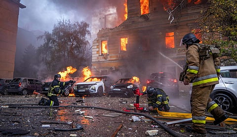 File photo: Rescue workers respond after a Russian strike in Kyiv, KYIV. (PTI Photo)