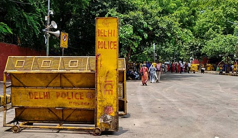Delhi Police personnel deployed at Jantar Mantar ahead of the proposed anti-reservation protest. | Image Source: PTI
