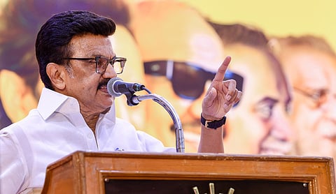 DMK president M K Stalin addresses party functionaries at the DMK executive committee meeting in Chennai on Saturday. | Photo: PTI