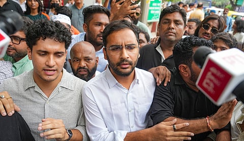 CJP representatives and supporters outside the Parliament Street police station in New Delhi. PTI image