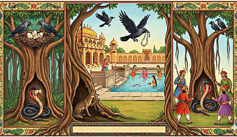 Table with Moral - The Cobra and the Crows - Panchatantra (Mitra bheda)