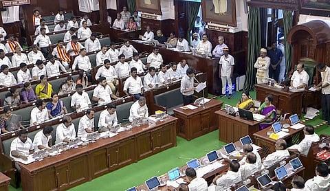 EDS: Screengrab from a video posted on Aug. 24, 2026, of Tamil Nadu Chief Minister C Joseph Vijay speaking during the state Assembly session, in Chennai. (@tamilnaduassembly/YT via PTI Photo)