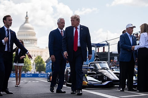 File photo: President Donald Trump arrives at the Freedom 250 Grand Prix auto race, in Washington, Sunday, Aug. 23, 2026. (AP Photo via PTI)