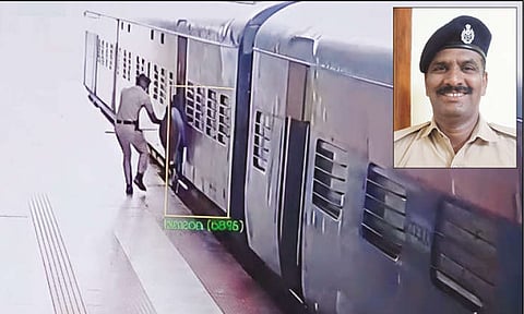 ஓடும் ரெயிலில் இருந்து தவறி விழ முயன்ற இளம்பெண்ணை காப்பாற்றிய ரெயில்வே பாதுகாப்பு படை வீரர் - வைரல் வீடியோ