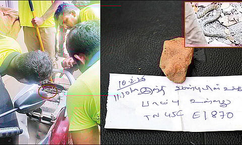 அந்த மனசுதான் சார் கடவுள்: கோர்ட்டு வளாகத்தில் ஸ்கூட்டரில் புகுந்த பாம்பு..உரிமையாளர்க்கு துண்டு சீட்டு எழுதி வைத்த நபர்