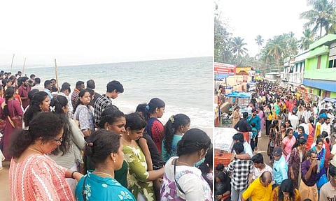 மண்டைக்காடு கடற்கரை மற்றும் கோவில் வளாகத்தில் திரண்டிருந்த பக்தர்கள்