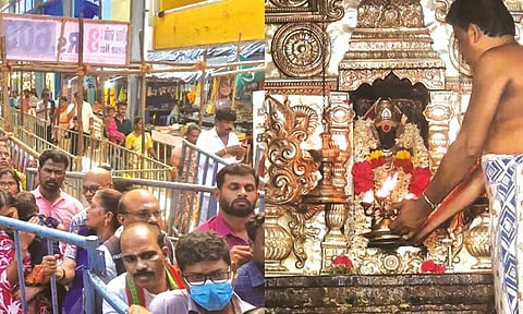 சனீஸ்வர பகவானை தரிசனம் செய்ய வரிசையில் காத்திருந்த பக்தர்கள்