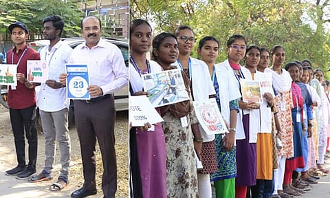 தமிழக சட்டமன்ற தேர்தல்: 100 சதவீதம் வாக்குப்பதிவை வலியுறுத்தி விழிப்புணர்வு மனிதச்சங்கிலி