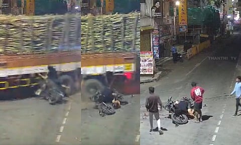 பள்ளிபாளையம் அருகே கோர விபத்து: லாரி-இருசக்கர வாகனம் மோதல் - பதற வைக்கும் சிசிடிவி காட்சி