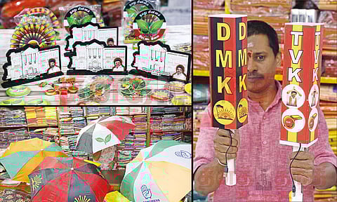 சூடுபிடிக்கும் தேர்தல் களம்: கட்சி சின்னம் பொறித்த மின்விளக்குகள், குடை, பேட்ஜ்கள் விற்பனை மும்முரம்