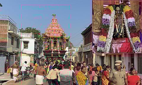 ஆழ்வார்திருநகரியில் நடைபெற்ற தேரோட்டம் (உள்படம்: பொலிந்து நின்ற பிரான்)