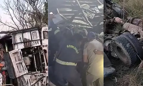 லாரி மீது பஸ் மோதி 6 பேர் பலி: திருமண நிகழ்ச்சிக்கு சென்று திரும்பியபோது விபரீதம்