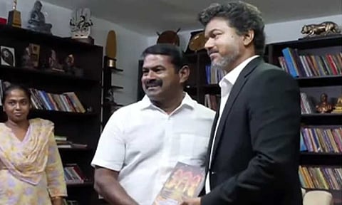 நா.த.க. தலைமை ஒருங்கிணைப்பாளர் சீமானை சந்தித்த முதல்-அமைச்சர் விஜய்