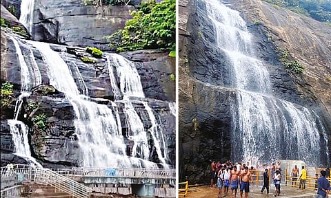 மெயின் அருவி பகுதியில் கட்டுமான பணி நிறுத்தம்
