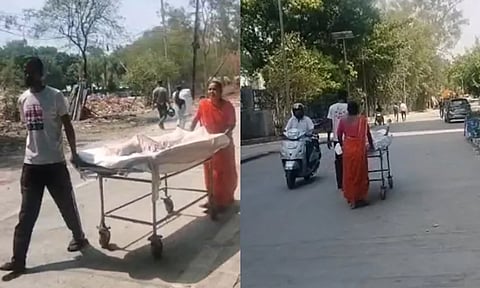 ஆம்புலன்ஸ் இல்லாததால் மகனை ஸ்டிரெச்சரில் வைத்து சாலையில் கொண்டு சென்ற பெற்றோர்