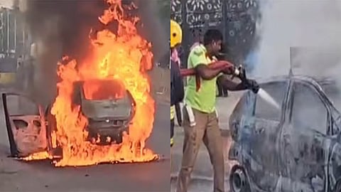 சென்னையில் ஜி.என்.டி. சாலையில் ஓட்டுநர் பயிற்சியின்போது திடீரென தீப்பற்றி எரிந்த கார்