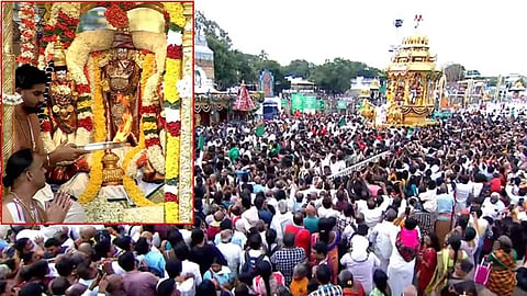 திருப்பதி ஏழுமலையான் கோவிலில் தங்கத் தேரோட்டம் விமரிசையாக நடைபெற்றது.