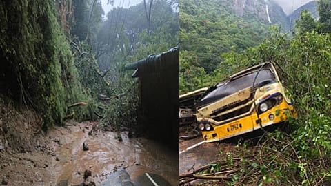 நீலகிரியில் கனமழை: பஸ் மீது மண்ணுடன் மரம் சரிந்து விழுந்து பாதிப்பு