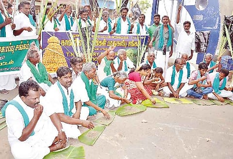 காவிரி மேலாண்மை வாரியம் அமைக்க கோரி மண்ணை உண்ணும் போராட்டத்தில் ஈடுபட்டதால் பரபரப்பு