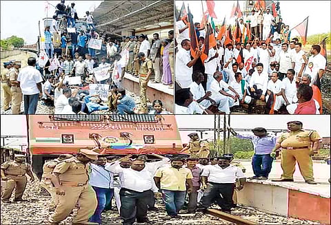 காவிரி மேலாண்மை வாரியம் அமைக்க கோரி மாவட்டத்தில் 5 இடங்களில் ரெயில் மறியல்