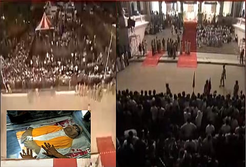 திமுக தலைவர் கருணாநிதியின் உடல் சிஐடி இல்லத்தில் இருந்து ராஜாஜி அரங்கம் வருகை