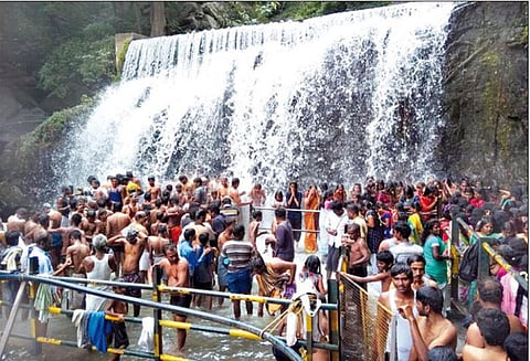 ஆடி அமாவாசையையொட்டி சுருளி அருவியில் குவிந்த பக்தர்கள்