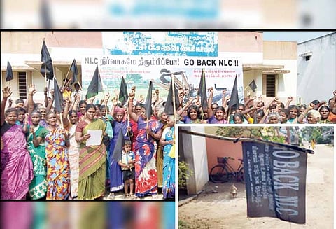 என்.எல்.சி. 3-வது சுரங்கத்திற்கு எதிர்ப்பு கருப்பு கொடி ஏந்தி கிராம மக்கள் போராட்டம் - கம்மாபுரம் அருகே பரபரப்பு