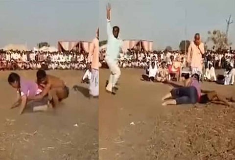 மல்யுத்த போட்டியில் இளம்பெண் ஒருவர் வாலிபருடன் மோதி வெற்றி பெற்றார்