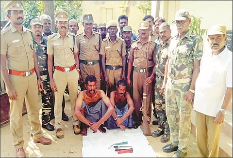 சாப்டூர் அருகே நாட்டுத் துப்பாக்கியுடன் வனவிலங்குகளை வேட்டையாட சென்ற 2 பேர் கைது