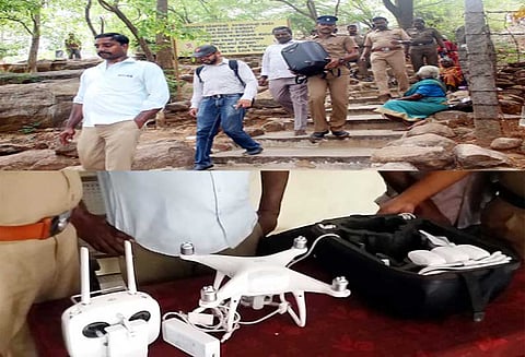 கிரிவலப்பாதையில் ‘ஹெலிகேம்’ பறந்ததால் பரபரப்பு - 2 வாலிபர்களிடம் போலீசார் விசாரணை