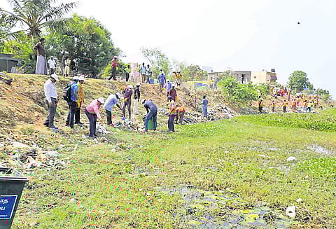 அம்பத்தூர் ஏரியை தூய்மைப்படுத்தும் பணி மாநகராட்சி ஊழியர்கள் ஈடுபட்டனர்
