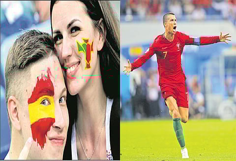 ஸ்பெயின்-போர்ச்சுகல் ஆட்டம் டிரா: ரொனால்டோ ஹாட்ரிக் கோல் அடித்து சாதனை