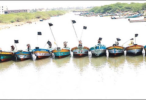 கடலூரில் படகுகளில் கருப்பு கொடி ஏற்றி மீனவர்கள் போராட்டம்