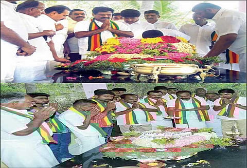 காங்கேயம் அருகே கோவை செழியன் நினைவிடத்தில் அரசியல் கட்சி பிரமுகர்கள் அஞ்சலி