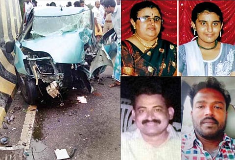 சின்னசேலம் அருகே விபத்து தடுப்புக்கட்டையில் கார் மோதி: மனைவி, மகளுடன் அணுமின் நிலைய அதிகாரி பலி - டிரைவரும் உயிரிழந்த பரிதாபம்