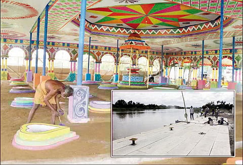 தாமிரபரணி புஷ்கர விழா: எட்டெழுத்து பெருமாள் கோவில் கோசாலையில் யாகசாலை அமைக்கும் பணி மும்முரம்