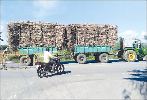 மண்டியாவில், புதிய வழிமுறையை கண்டுபிடித்துள்ள விவசாயிகள் ஒரு டிராக்டரின் என்ஜினில் 2 டிரைலர்களை பொருத்தி செல்கின்றனர்