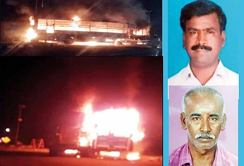 லாரி மீது மோதியதில் ஆம்னி பஸ் தீப்பிடித்து எரிந்தது: நெல்லை டிரைவர் உள்பட 4 பேர் உடல் கருகி பலி - 12 பேருக்கு தீவிர சிகிச்சை