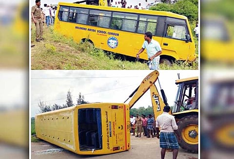 கூடலூர் அருகே: பள்ளி பஸ் கவிழ்ந்து 27 மாணவர்கள் காயம்: மற்றொரு வேன் முந்தி செல்ல முயன்றபோது விபத்து