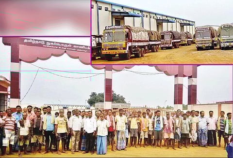 சென்னம்பட்டி சேமிப்பு குடோனில் நெல், அரிசி மூட்டைகளுடன் வாரக்கணக்கில் காத்திருக்கும் லாரிகள் எடைபோடும் நிலையம், சாலை வசதி இல்லாததால் விவசாயிகள் அவதி