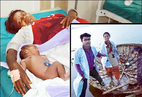 சிறுமுகை அருகே பாலம் தண்ணீரில் மூழ்கியது: பரிசலில் சென்று பெண்ணுக்கு பிரசவம் பார்த்த 108 ஆம்புலன்ஸ் ஊழியர்கள்